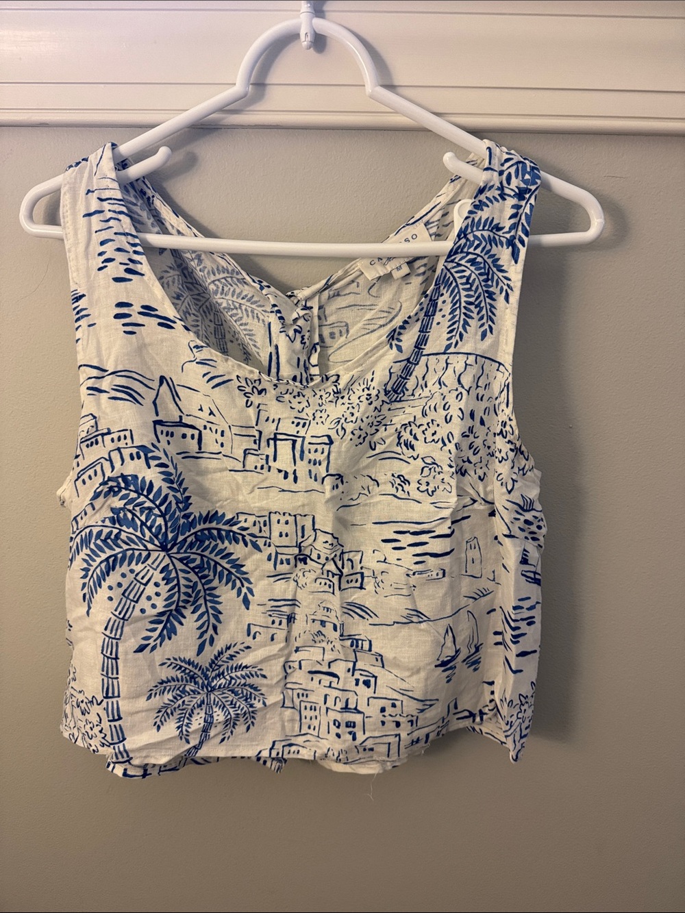 White & Blue Printed Sleeveless Cropped Linen Tank Top